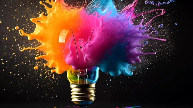 A light bulb explodes with colorful paint, creating a dynamic and creative image