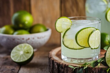 Fototapeta premium Refreshing lime drink served in a glass with ice and garnished with lime slices.