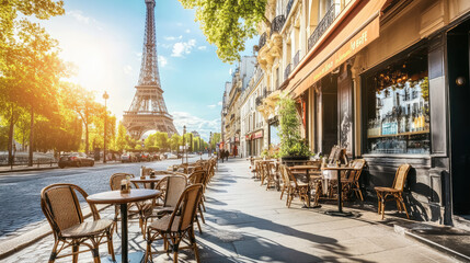 impressionism Painting of the street in Paris , bistro seating outdoor under the sun 