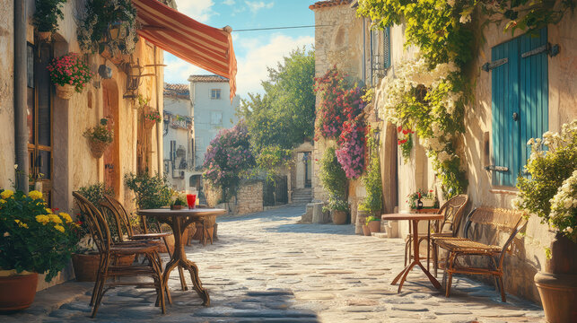 Fototapeta painting illustration of the landscape of a small cafe in Provence town south of France 