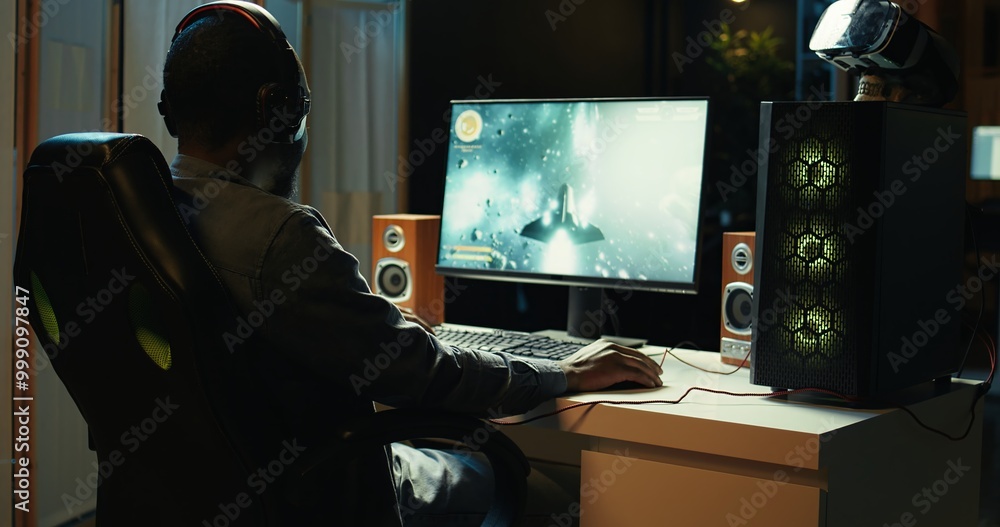 Aufkleber man at home shooting asteroids in spaceship flying singleplayer game with overlay hud showing health
