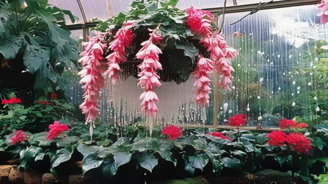 Pink medinilla magnifica flowers, also called chandelier tree, hanging in a greenhouse, surrounded by lush green plants and red flowers