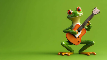 Fototapeta premium A cheerful green frog plays a guitar with a happy expression.