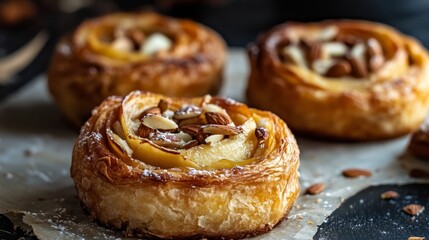 Freshly baked apple almond pastries with a soft interior and a crispy, caramelized crust generative ai