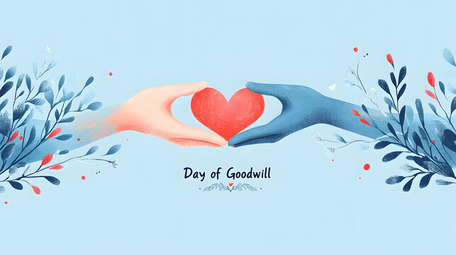Two hands of different shades come together to gently hold a red heart, surrounded by vibrant floral designs, celebrating unity and compassion. Day of Goodwill concept