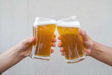 Two hands clinking glasses of frothy beer, celebrating with a toast.