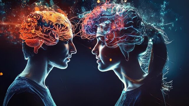 Two people facing each other with brains connected by glowing lines, symbolizing thoughts and emotions exchange. Evokes telepathy, shared consciousness, and human connection power