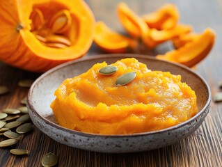 Pumpkin puree on plate with seeds on wooden background