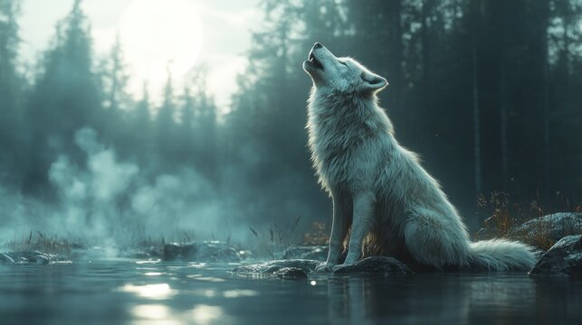 White Wolf Howling by the River in a Misty Forest