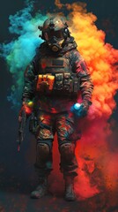 A soldier in full tactical gear and a gas mask stands in a cloud of pink smoke, looking to the side.
