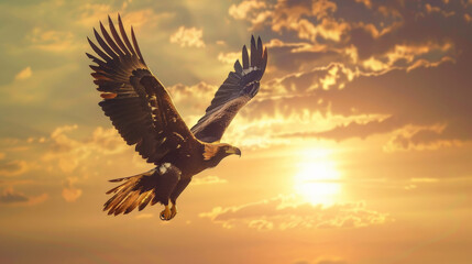 Obraz premium A golden eagle soaring against stunning sunset sky, showcasing its majestic wings and powerful presence.