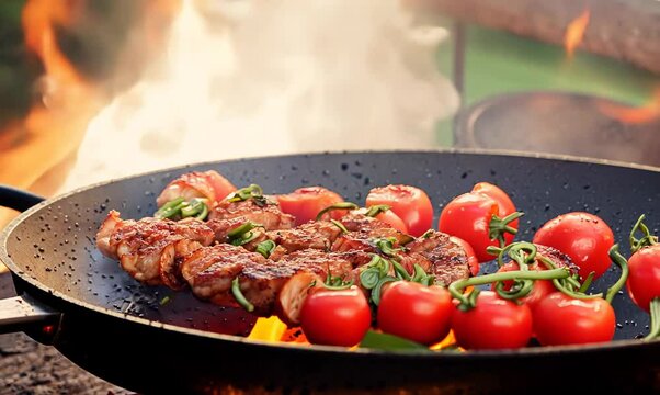 Grilling Delicious Lamm Shashlyk on Open Flame