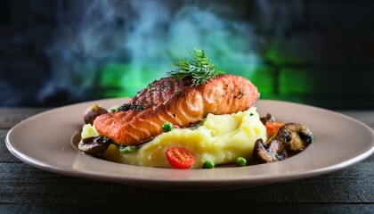 Perfectly grilled salmon with a smoky finish, served alongside creamy mashed potatoes, vibrant vegetables, and earthy mushrooms, set against a vibrant restaurant kitchen backdrop.