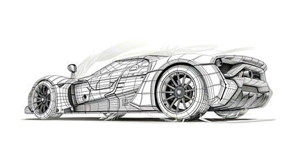 A detailed wireframe drawing of a sports car.