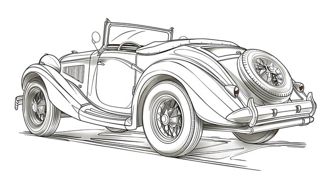 recommend clip art: Vintage black and white line drawing of an antique car.