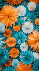 A collection of intricate paper flowers in orange, blue, and white adorns a bright background, perfect for enhancing the atmosphere of a joyful event