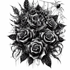 black roses with cobweb and spider halloween illustration tattoo