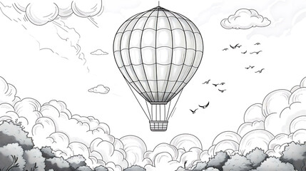 Black and white illustration of a hot air balloon floating above the clouds with birds flying by.