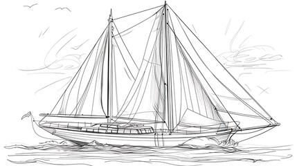 Line art illustration of a sailboat sailing on the sea.
