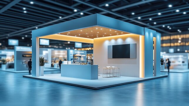 Modern Exhibition Booth with Digital Display in a Spacious Convention Center