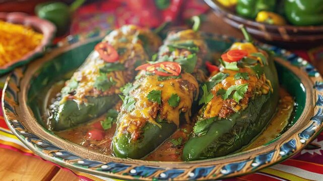 Chiles Rellenos on the table moves with smoke around