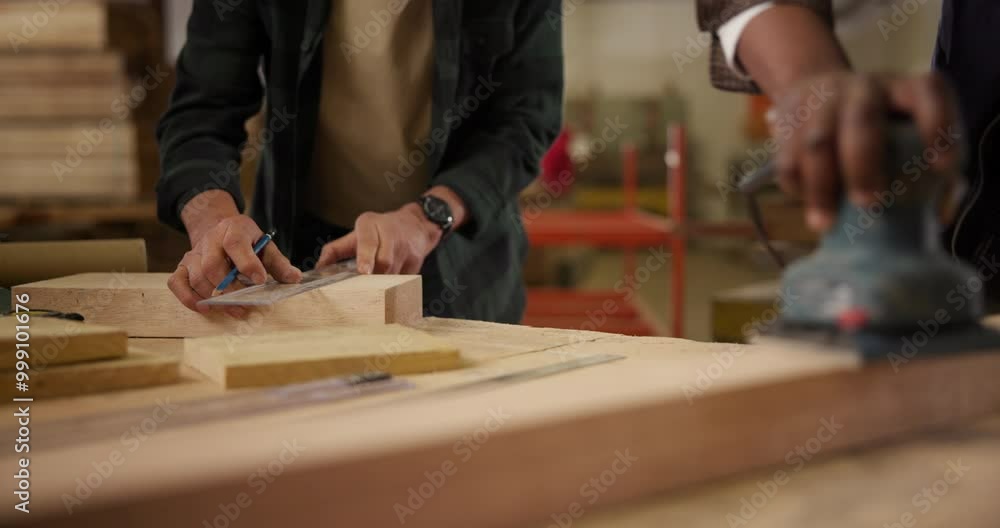 Sticker Carpenter, wood and hands of people with machine in workshop for manufacturing, furniture and building. Carpentry, team and workers with measurement, sander and equipment for lumber or timber factory