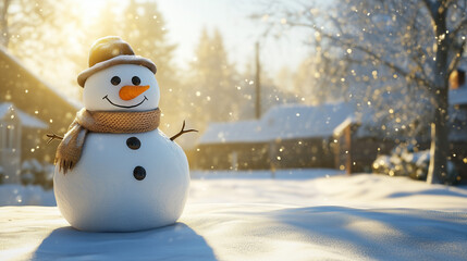 Obraz premium Cheerful snowman with scarf and funny knitted hat with Christmas decorations.