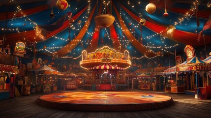 Naklejka premium A brightly lit circus tent glimmers at night showcasing its colorful lights