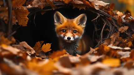 Fototapeta premium A curious fox cub emerging from its den with autumn leaves and forest greenery all around