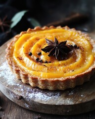 Pumpkin tart and star anise on wooden board