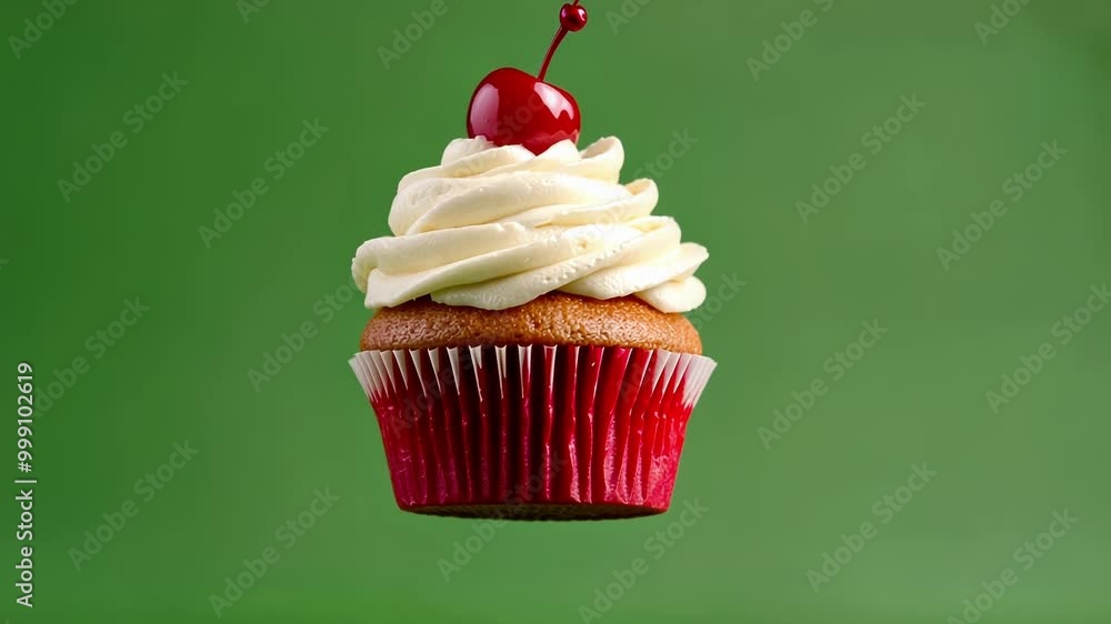 Poster cupcake with white frosting and a red cherry on top is floating in the center of a vibrant green scr