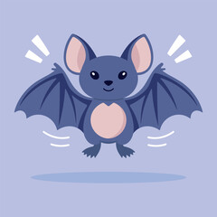Cute cartoon flying bat character. Happy Halloween. Vector flat illustration isolated on purple background.