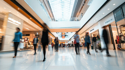 Blurred motion of people walking inside a modern shopping mall with bright lighting and various store fronts on both sides.