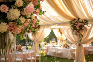 A large archway of flowers and white fabric is draped over a stage, generative ai image