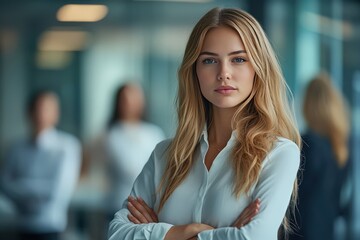 Fototapeta premium A woman in a black suit stands in front of a glass wall, generative ai image