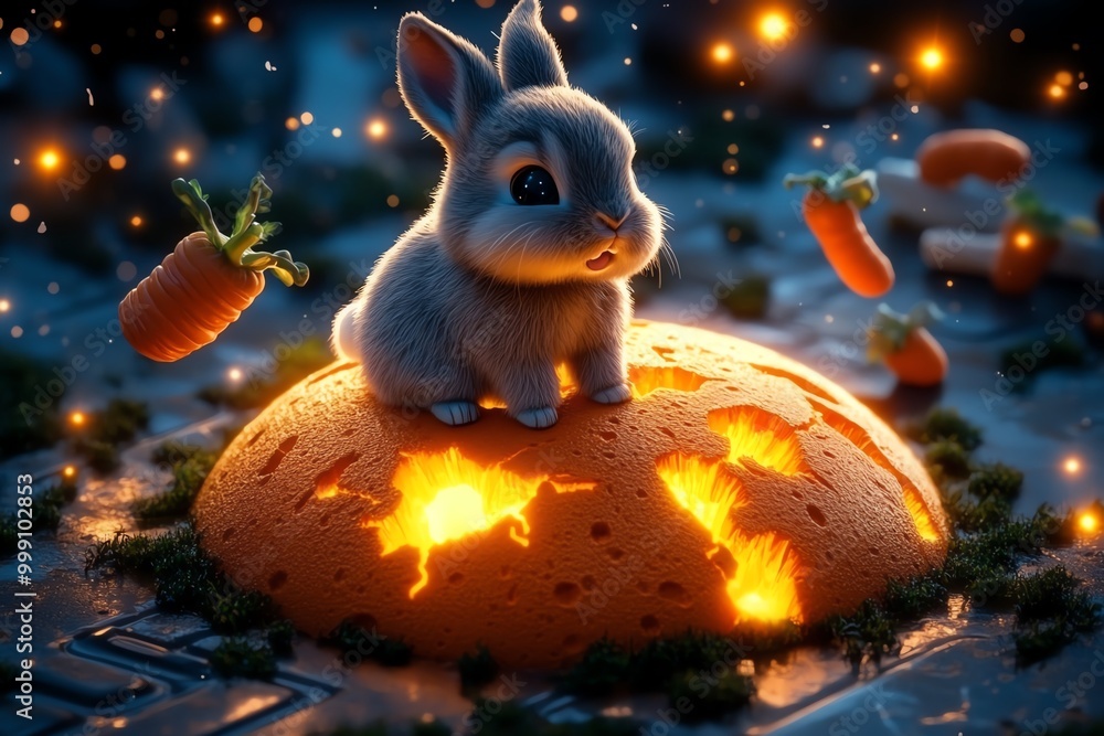 Poster design a cute bunny sitting on a large carrot-shaped planet in space, surrounded by glowing stars an