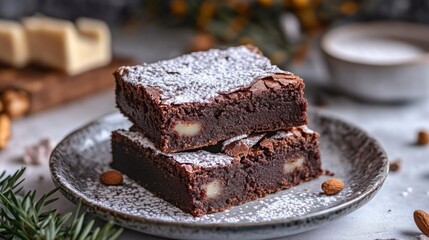 Plate of warm brownies with powdered sugar on top, classic American dessert background generative ai