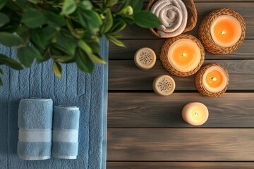 Cozy spa essentials with towels, candles, and leaves on wooden surface