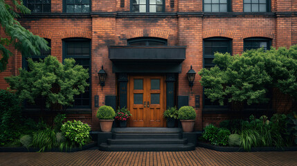 Obraz premium The charming entrance features a sturdy wooden door framed by vibrant plants and well-kept shrubbery, creating a welcoming atmosphere in an urban area