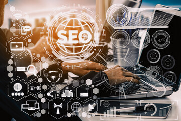 SEO - Search Engine Optimization for Online Marketing Concept. Modern graphic interface showing...