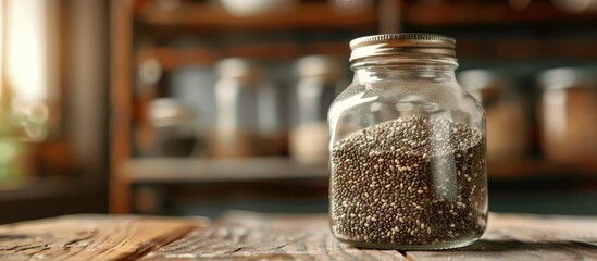 Glass Jar With Chia Seeds On Table Closeup