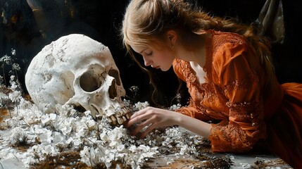 Woman Contemplating a Skull: A Study in Mortality and Beauty