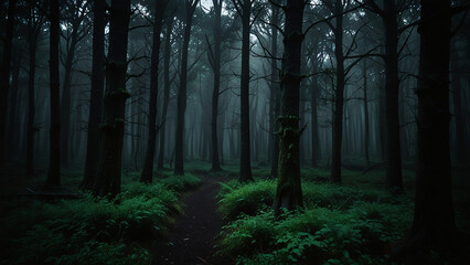 Fototapeta premium A Scary Dark Forest Scene with Dense Green Bushes, Evoking a Mysterious and Eerie Atmosphere Deep within the Woods
