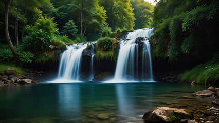 Fototapeta premium A Beautiful Waterfall Landscape, Showcasing Cascading Waters Surrounded by Lush Greenery in a Tranquil Natural Setting
