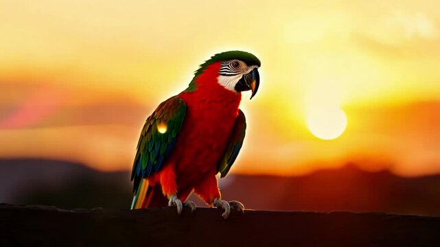 A majestic parrot perches on a branch with a vibrant sunset in the background. The image captures the beauty of nature and wildlife.