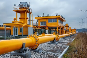 Yellow gas pipes at hub  centralized methane supply and compressor station for city transport