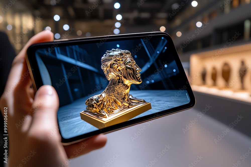 Poster digital 3d ar museum exhibit, where visitors hold up smartphones or tablets to see 3d reconstruction