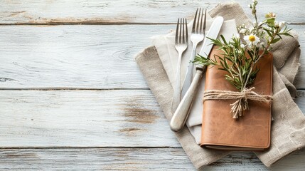 Styled table setting with cutlery and a leather-bound notebook wrapped in twine.