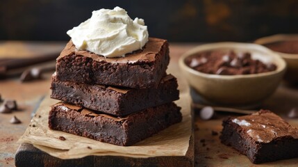 Stacked brownies with a side of whipped cream, rustic kitchen setting generative ai
