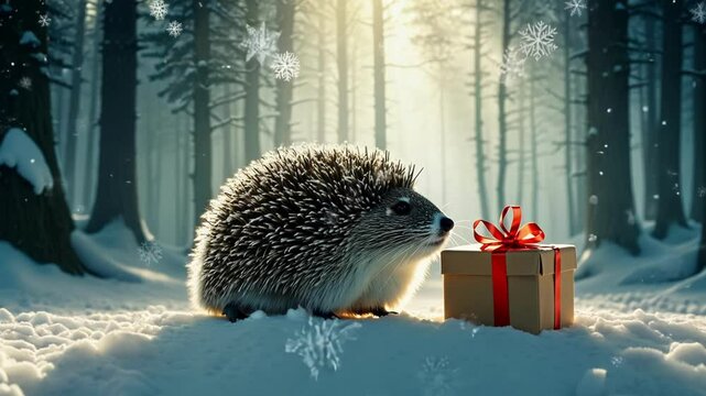 A cute hedgehog in a snowy winter forest scene with a wrapped gift box nearby. Perfect for holiday and seasonal content with a focus on cuteness and nature.